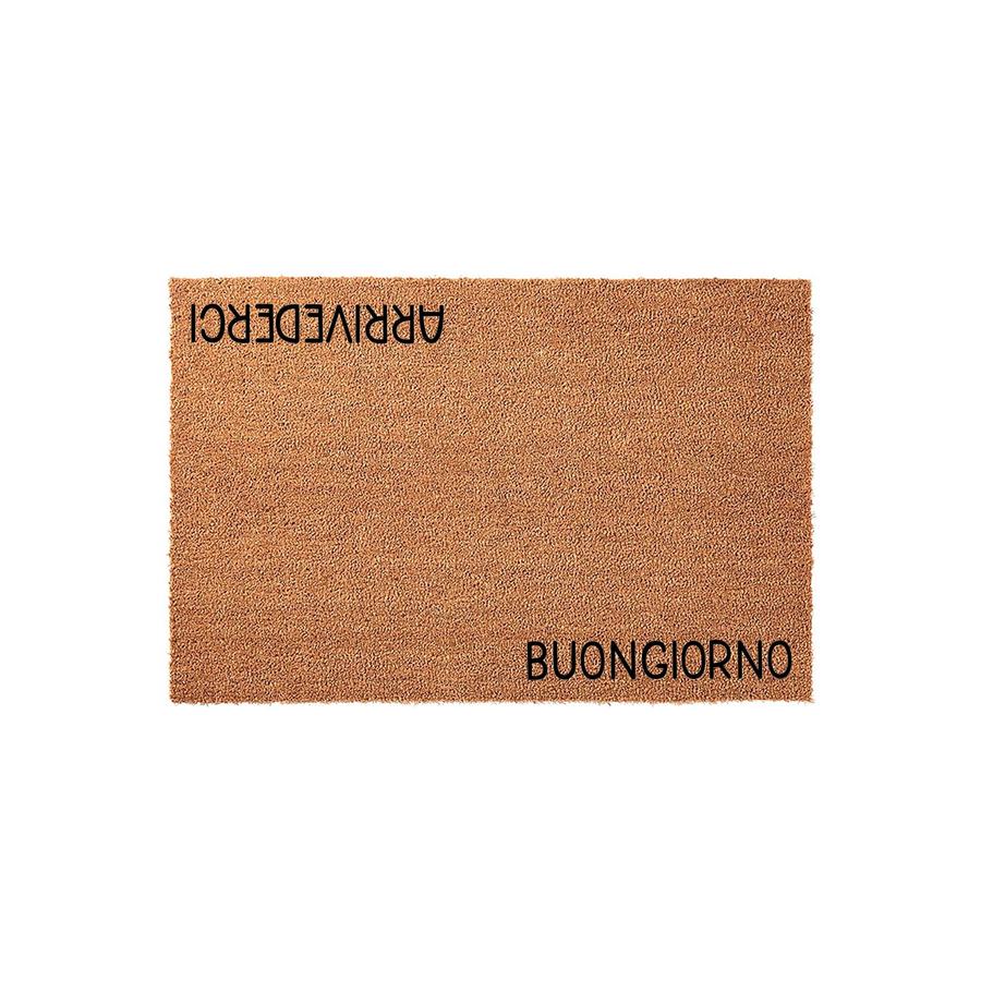 Natural coir fiber doormat featuring the Italian words Buongiorno and Arrivederci printed in a clean black font, designed to welcome guests at your front door with a stylish and durable entryway floor mat for your home or
