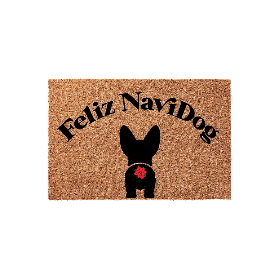 Feliz NaviDog French Bulldog Christmas doormat featuring a black silhouette of a dog with a red poinsettia flower on its back, set against a natural tan coir background for a festive holiday entryway decoration.
