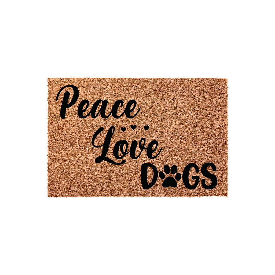 Peace Love Dogs coir doormat featuring black text on a natural brown fiber background, with a paw print replacing the letter O in the word dogs and small hearts above the word love, creating a charming entryway decor for pet