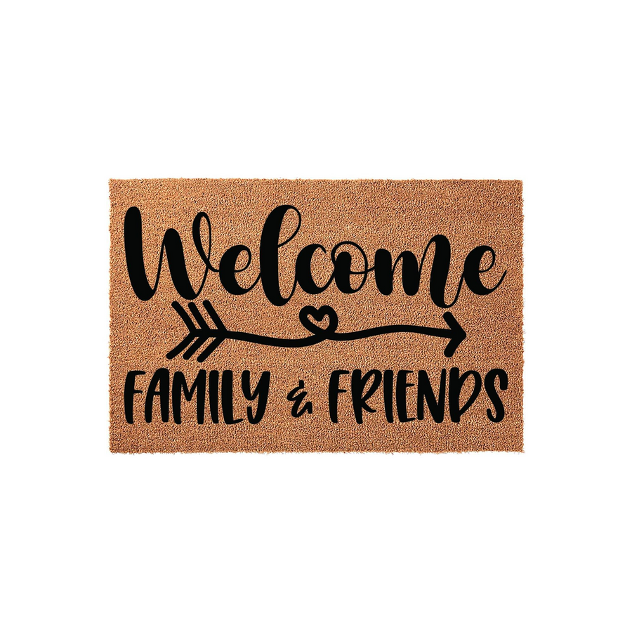 Welcome Family and Friends coir doormat featuring a rustic arrow design with a small heart accent, printed in bold black lettering on a natural tan fiber background for a farmhouse style entryway or front porch decor.