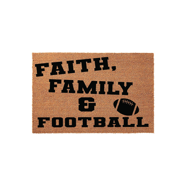 Faith Family and Football coir doormat featuring bold black text and a graphic of a football on a natural tan textured background, creating a sporty and welcoming entrance decor piece for any home that loves the fall sports