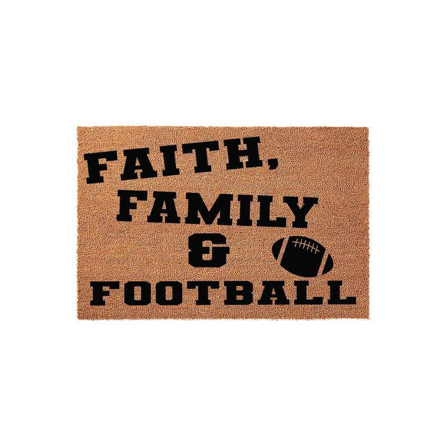 Faith Family and Football coir doormat featuring bold black text and a graphic of a football on a natural tan textured background, creating a sporty and welcoming entrance decor piece for any home that loves the fall sports