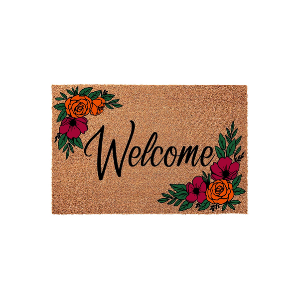 Floral Welcome Doormat featuring a natural coir texture with vibrant orange and deep red roses painted in opposite corners, creating a warm and inviting entryway accent for your home porch or front door decor.