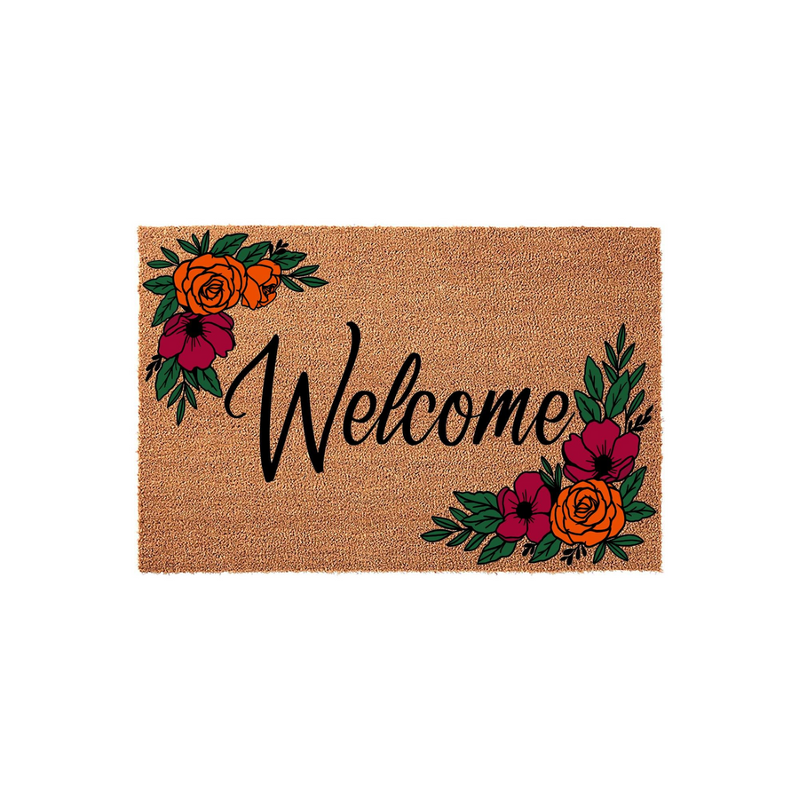 Floral Welcome Doormat featuring a natural coir texture with vibrant orange and deep red roses painted in opposite corners, creating a warm and inviting entryway accent for your home porch or front door decor.