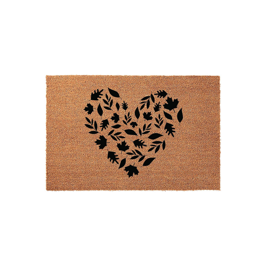 Fall Leaf Heart Coir Doormat featuring a natural tan fiber texture with a large, central heart shape composed of various black autumn leaves, creating a festive seasonal entryway decor piece for your home porch or front door