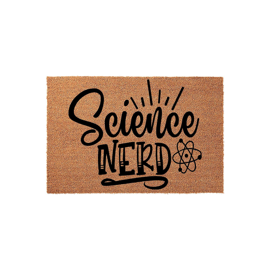 Science Nerd coir doormat featuring a natural brown fiber texture with bold black text and an atom icon, making a fun entryway decor piece for any science teacher, student, or enthusiast who loves chemistry and physics themes.