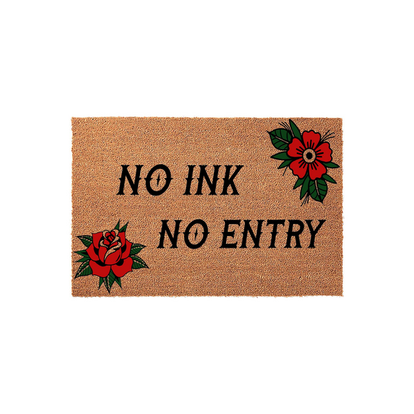 No Ink No Entry tattoo style doormat featuring traditional red rose illustrations on a natural coir background, perfect for a tattoo artist or enthusiast home entrance with its bold black lettering and classic floral design