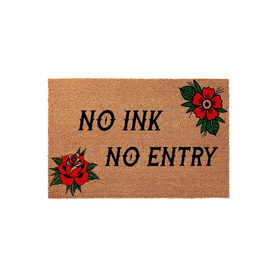 No Ink No Entry tattoo style doormat featuring traditional red rose illustrations on a natural coir background, perfect for a tattoo artist or enthusiast home entrance with its bold black lettering and classic floral design