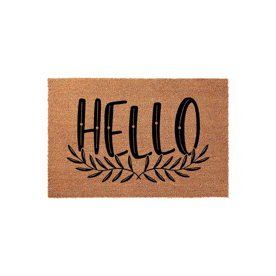 Hello coir doormat featuring a natural tan fiber texture with bold black lettering and a decorative leafy branch design centered underneath, creating a welcoming farmhouse aesthetic for your front porch or entryway floor decor.