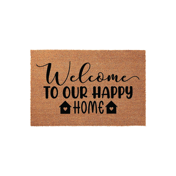 Welcome To Our Happy Home coir doormat featuring black text and house icons on a natural tan fiber background, providing a warm and inviting entrance for any front porch or entryway decor in a clean, studio-style product