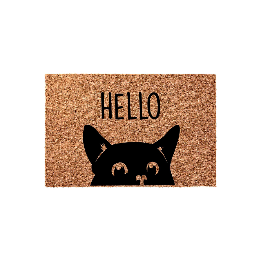 Hello Cat Coir Doormat featuring a cute black cat peeking over the bottom edge with the word Hello printed in bold black letters above, creating a charming and welcoming entrance decor piece for any cat lover's home front porch.