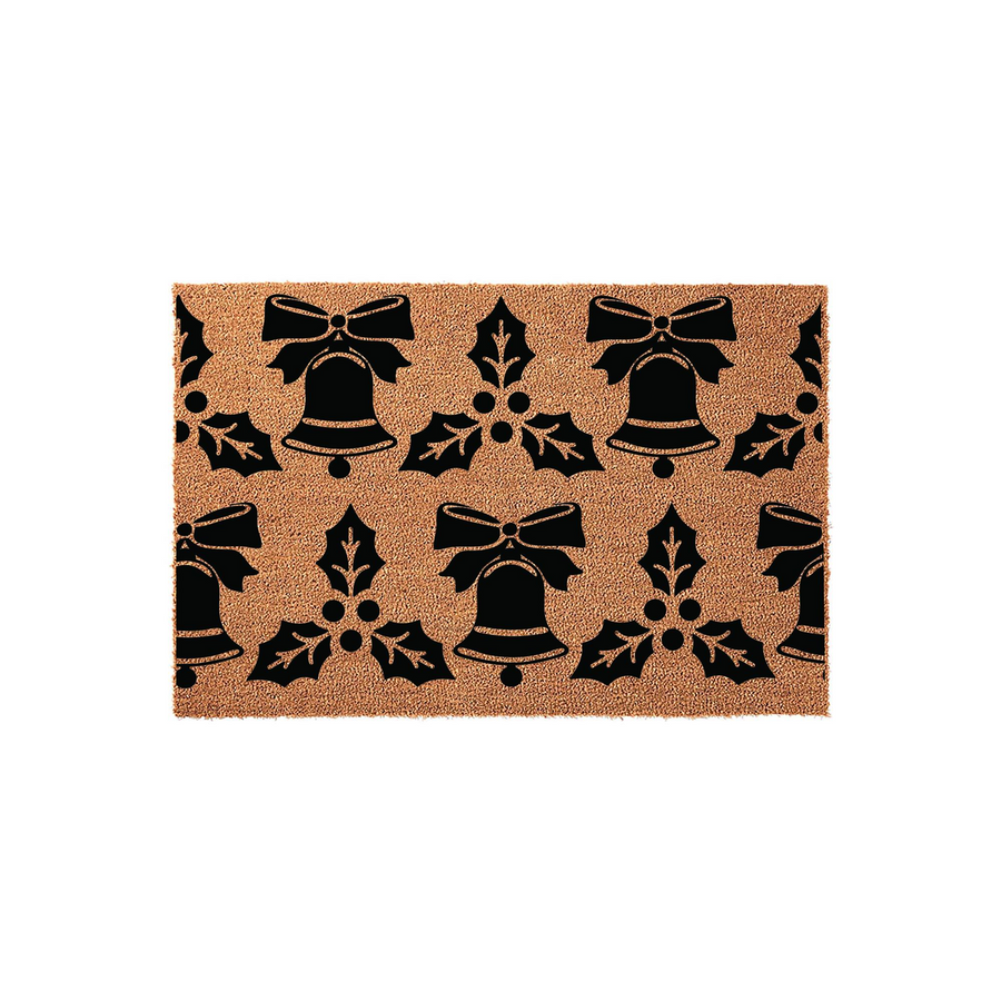 Christmas Bell and Holly Doormat featuring a repeating black pattern of festive bells with bows and holly leaves printed on a natural tan coir fiber mat, creating a classic holiday entryway decor piece for your front porch or