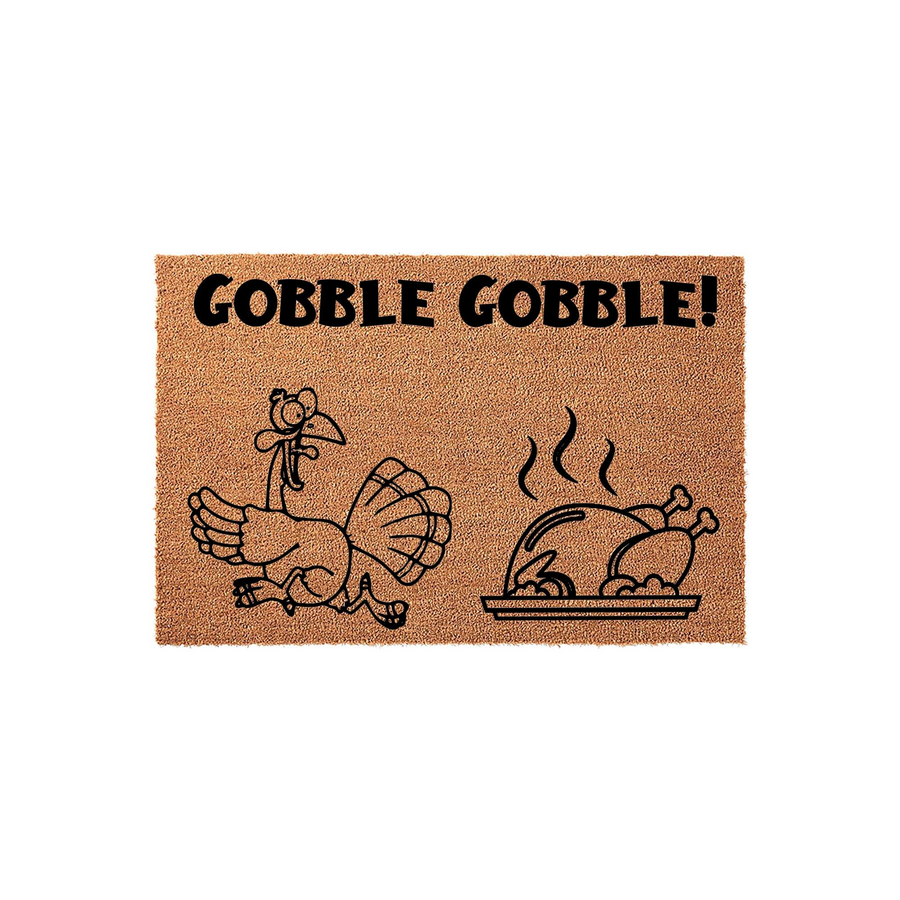 Gobble Gobble Thanksgiving doormat featuring a funny cartoon turkey illustration and a roasted turkey dinner graphic on a natural coir fiber mat, perfect for seasonal home decor during the autumn holiday season on your front