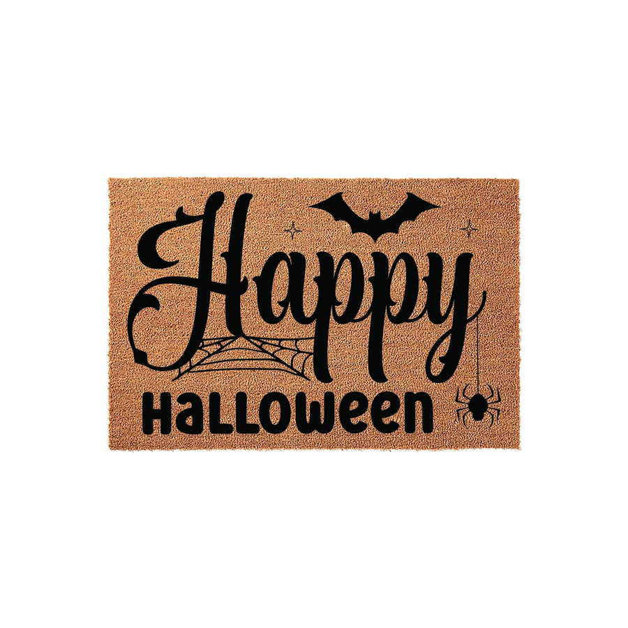 Happy Halloween coir doormat featuring a black bat, a spider web, and a hanging spider printed on a natural tan fiber background, creating a festive and spooky entryway decoration for your front porch during the autumn holiday
