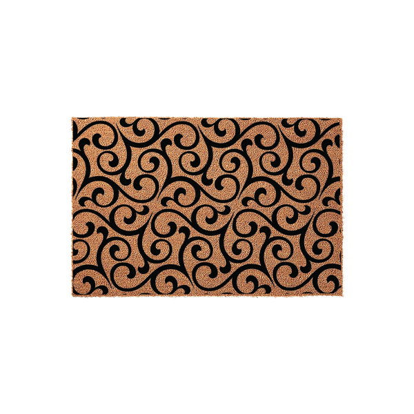 Decorative Coir Welcome Doormat featuring a bold black swirling damask pattern printed on a natural tan fiber background, creating a classic and elegant look for a front porch entrance or a stylish home entryway floor decor.