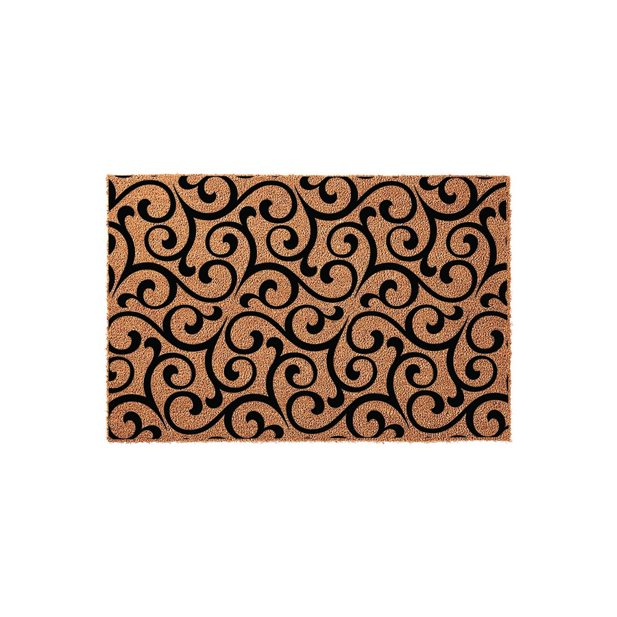 Decorative Coir Welcome Doormat featuring a bold black swirling damask pattern printed on a natural tan fiber background, creating a classic and elegant look for a front porch entrance or a stylish home entryway floor decor.