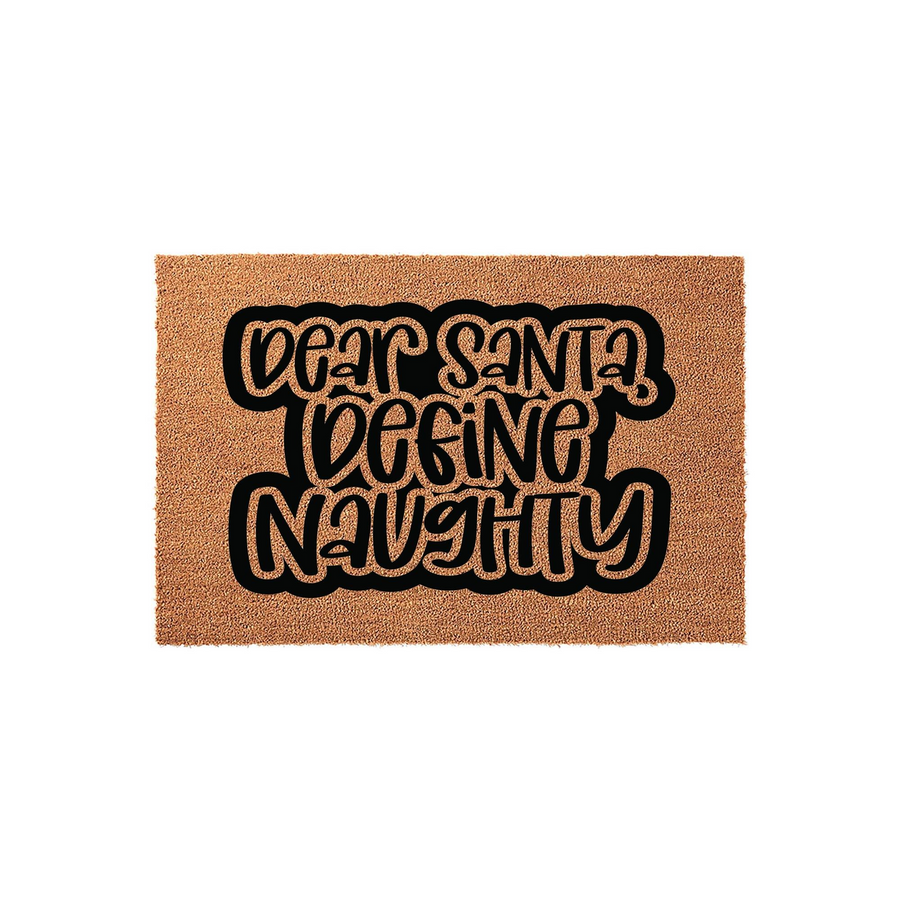 Dear Santa I Can Explain Naughty Christmas Doormat featuring a natural coir fiber texture with bold black lettering that reads Dear Santa I Can Explain Naughty, creating a festive and humorous holiday welcome for your front porch.