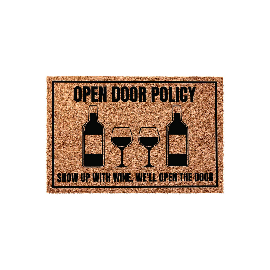 Funny Wine Themed Coir Doormat featuring the text Open Door Policy and Show Up With Wine, We Will Open The Door, displayed on a natural brown fiber mat with black ink illustrations of two wine bottles and two wine glasses on a