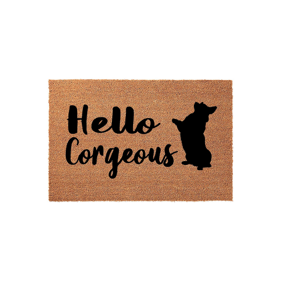 Hello Corgeous Corgi doormat featuring a natural coir fiber texture with black text and a silhouette of a standing Corgi dog, making a fun and welcoming entryway floor mat for any dog lover who enjoys a clever pun at their front