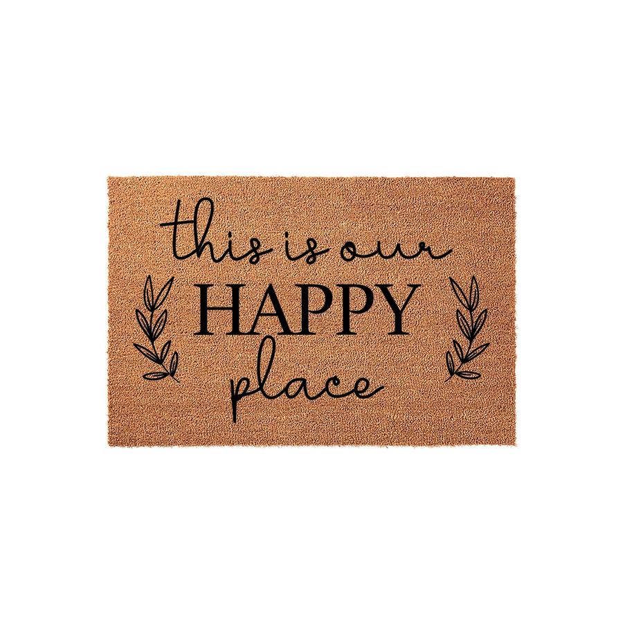 This is our Happy Place coir doormat features a natural tan fiber texture with black script and serif lettering, accented by simple leaf sprigs on a clean white background for a welcoming farmhouse style front porch entrance
