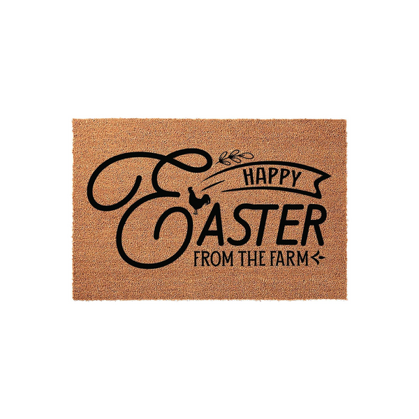 Happy Easter From The Farm coir doormat featuring a rustic black script design with a small rooster silhouette, perfect for adding a farmhouse touch to your front porch decor during the spring holiday season on a natural fiber