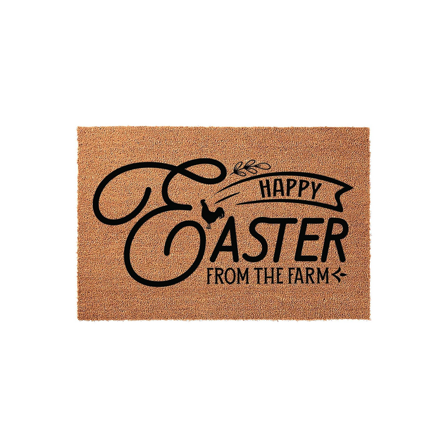 Happy Easter From The Farm coir doormat featuring a rustic black script design with a small rooster silhouette, perfect for adding a farmhouse touch to your front porch decor during the spring holiday season on a natural fiber