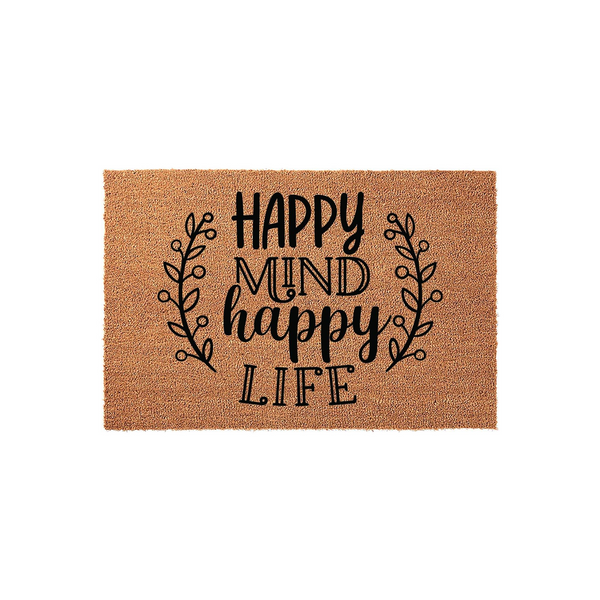 Happy Mind Happy Life Coir Doormat featuring a natural brown fiber texture with black printed text and decorative leafy vine accents on either side, creating a welcoming and inspirational entryway decor piece for your front porch.