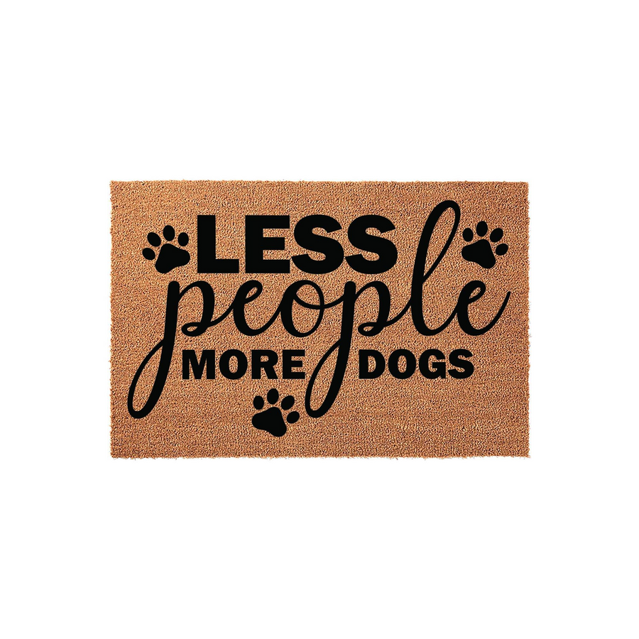 Less People More Dogs coir doormat featuring a natural tan fiber texture with bold black text and decorative paw print accents, creating a humorous and welcoming entryway floor mat for any dog lover home decor style.