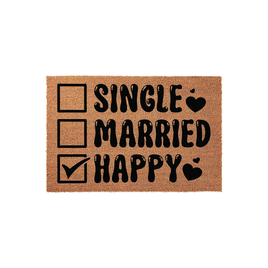 Funny Single Married Happy Doormat featuring a checklist design on natural coir fiber, with the Happy box checked and black heart icons, making a humorous and welcoming front porch decor piece for any home entrance or apartment