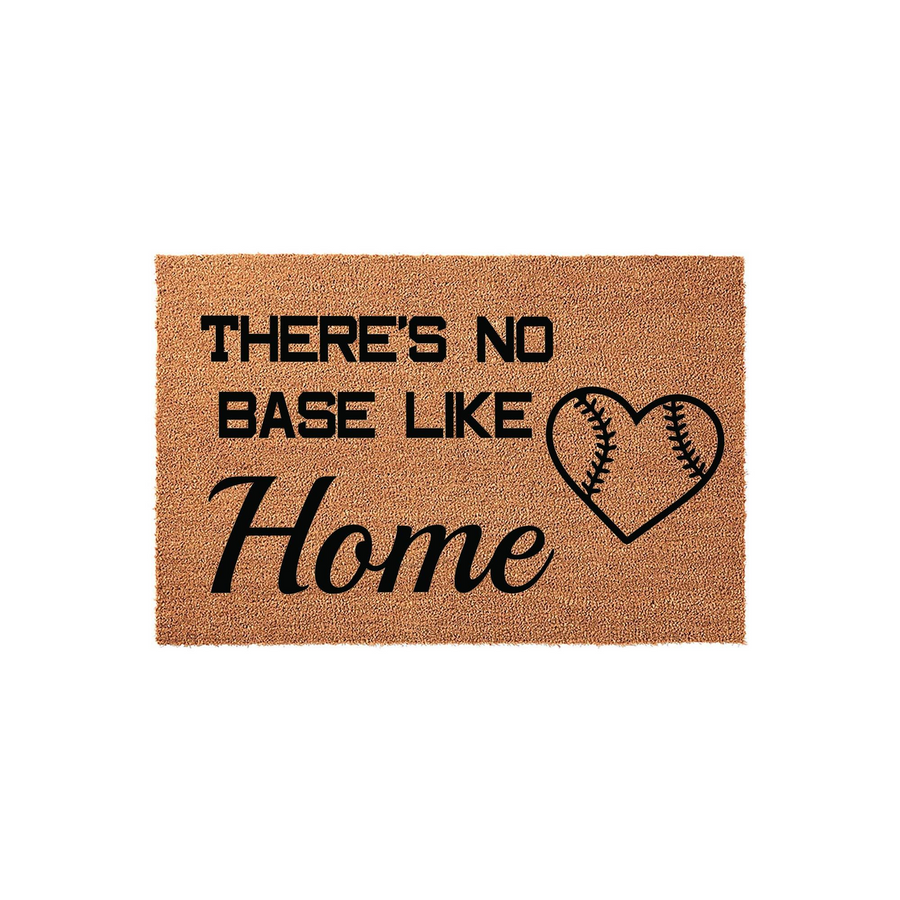 Baseball Themed Welcome Doormat featuring the text There is no base like home with a heart shaped baseball graphic, printed on a natural tan coir fiber mat against a clean white background for a sporty front porch entryway decor.
