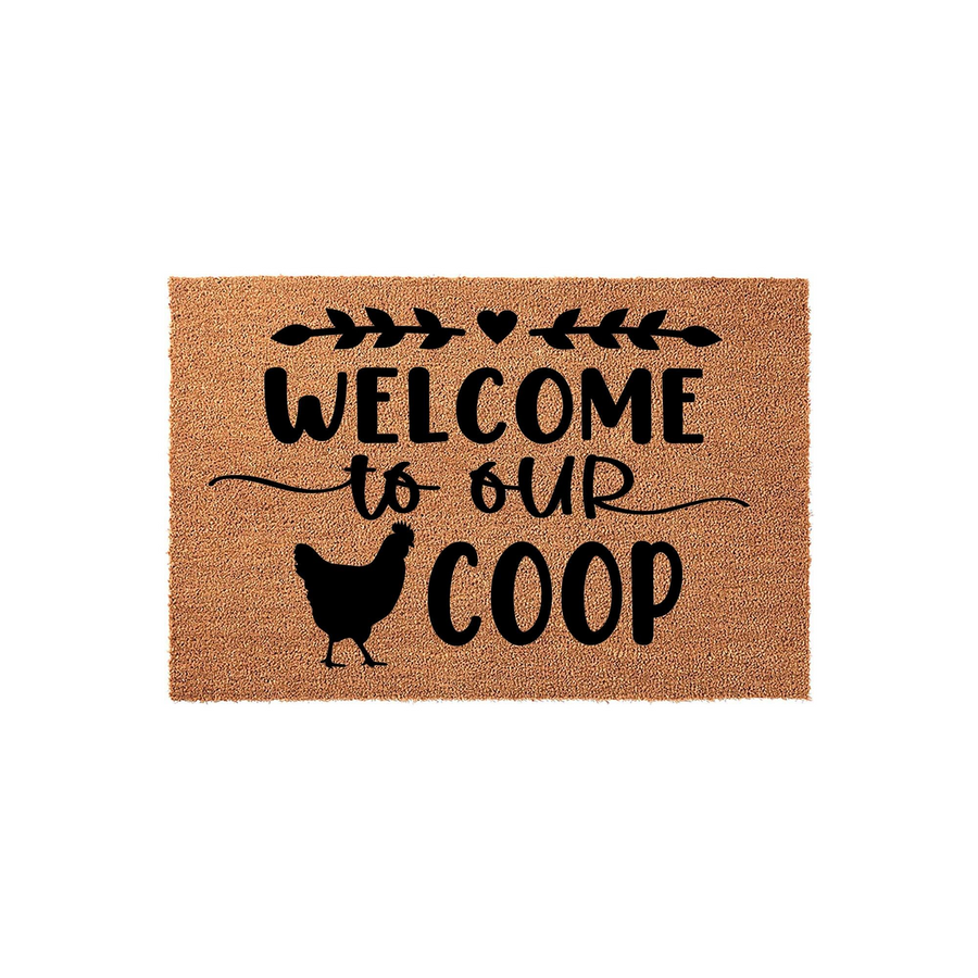 Welcome to Our Coop coir doormat featuring a black silhouette of a chicken and decorative leaf accents, set against a plain white background to highlight the natural tan texture of the durable outdoor floor mat for farm and