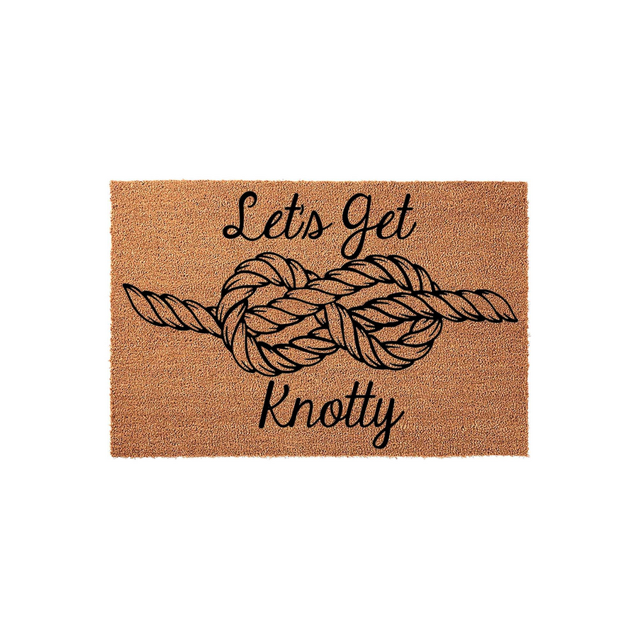 Let's Get Knotty coir doormat featuring a black printed nautical rope design on a natural tan fiber background, creating a fun and humorous welcome mat for a coastal home or beach house entryway decor.