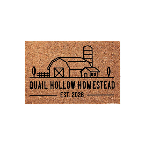 Personalized Farmhouse Coir Doormat featuring a black line art illustration of a barn, silo, and fence, with the custom text Quail Hollow Homestead and Est. 2026 printed on a natural brown textured coconut fiber welcome mat