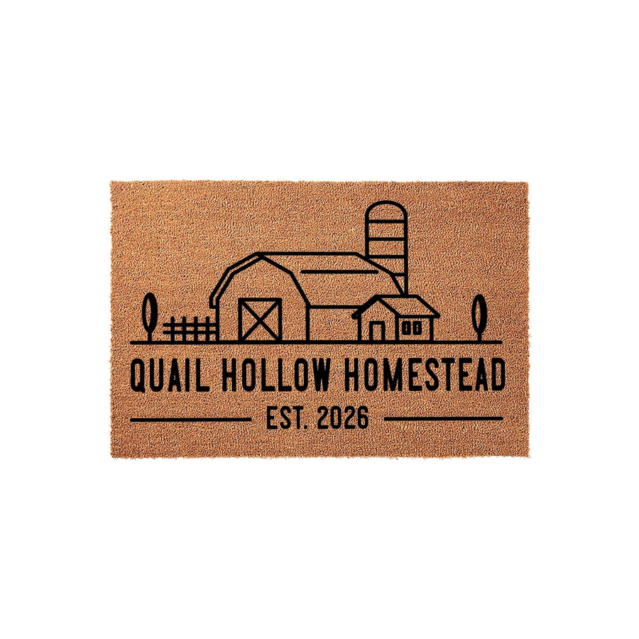 Personalized Farmhouse Coir Doormat featuring a black line art illustration of a barn, silo, and fence, with the custom text Quail Hollow Homestead and Est. 2026 printed on a natural brown textured coconut fiber welcome mat