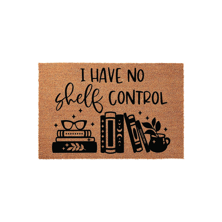 I Have No Shelf Control coir doormat featuring a fun book lover design with stacks of books, reading glasses, and a potted plant, perfect for a library or home entrance with a natural tan fiber texture and bold black printed