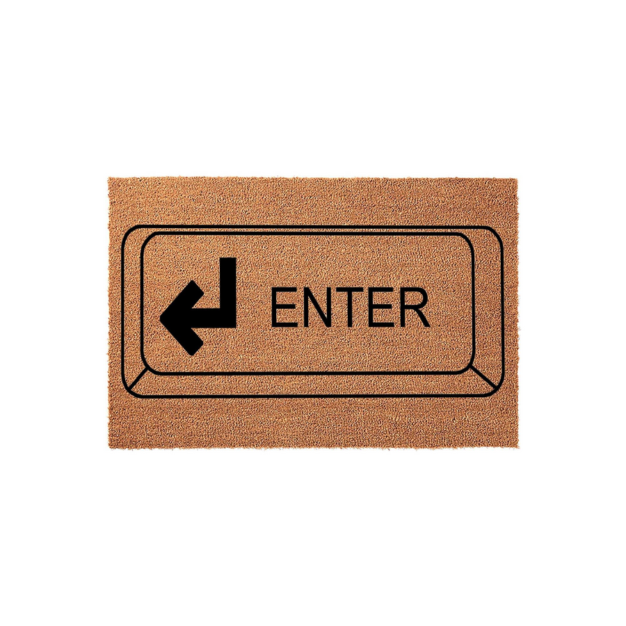 Enter Key Doormat featuring a rectangular natural coir fiber mat printed with a large black computer keyboard key design, complete with the word Enter and a directional arrow icon centered on a clean white studio background.