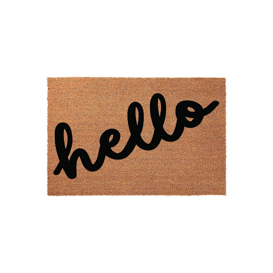 Hello coir doormat featuring a natural tan fiber texture and bold black cursive lettering, providing a welcoming touch to any front porch or entryway while keeping your home clean with its durable and rustic outdoor design.