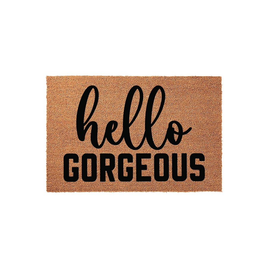 Hello Gorgeous coir doormat featuring a natural tan fiber texture and bold black lettering, designed as a stylish front porch welcome mat to greet guests with a modern and friendly message at your home entrance.