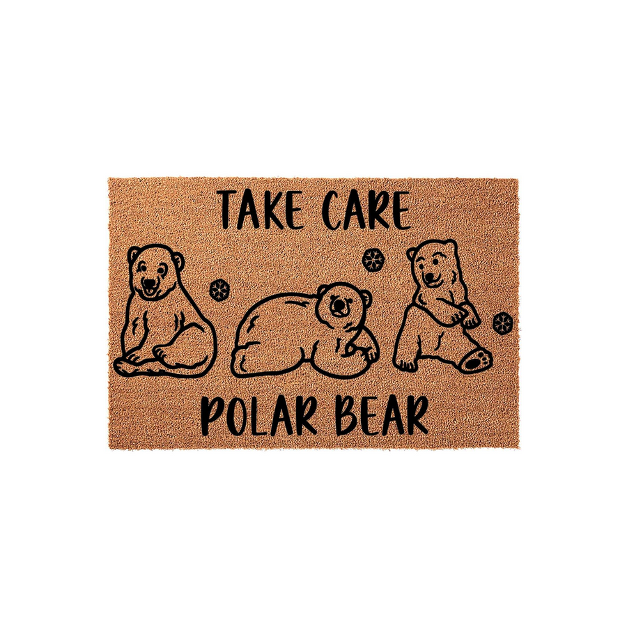 Polar Bear Welcome Doormat featuring a natural coir texture with three cute illustrated polar bears and small snowflakes, printed with the black text Take Care Polar Bear for a charming winter entryway decor piece on a white