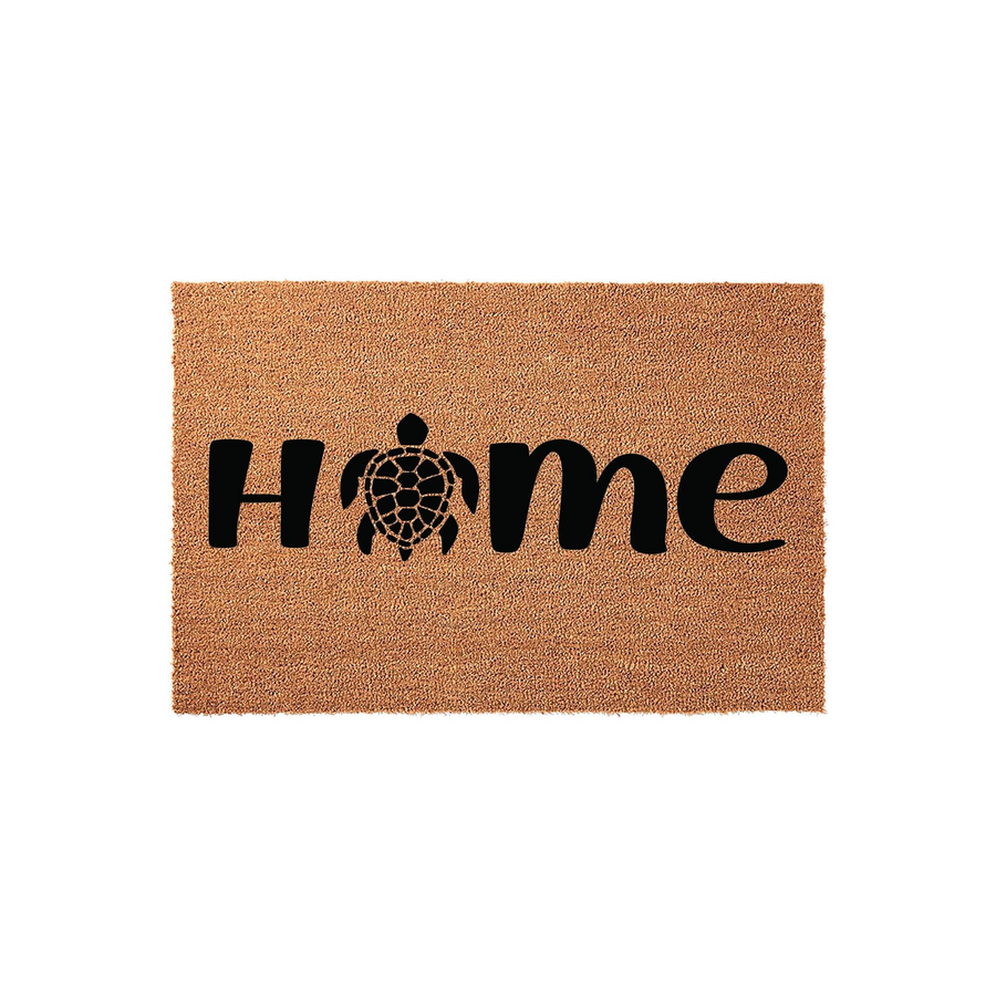 Sea Turtle Home Coir Doormat featuring a natural brown fiber texture with the word Home printed in bold black letters, where the letter O is replaced by a detailed black silhouette of a swimming sea turtle on a plain white