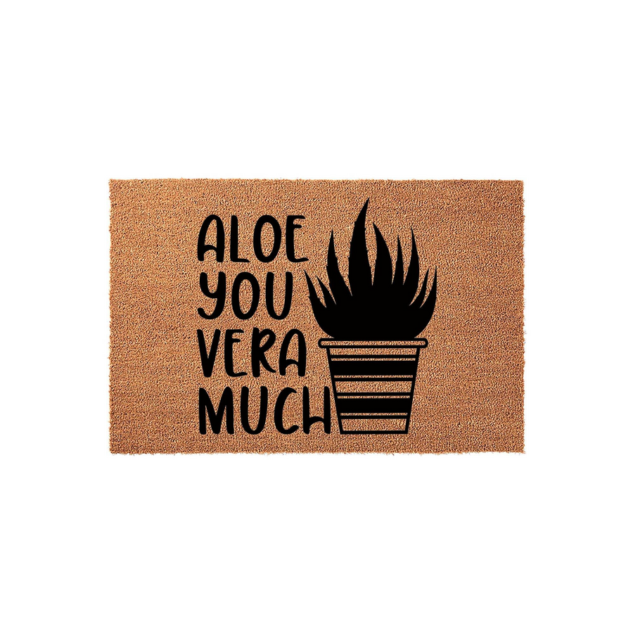 Aloe You Vera Much coir doormat featuring a natural brown fiber texture and a bold black graphic of a potted aloe plant, creating a fun and welcoming entryway decor piece for plant lovers who enjoy clever puns on their front
