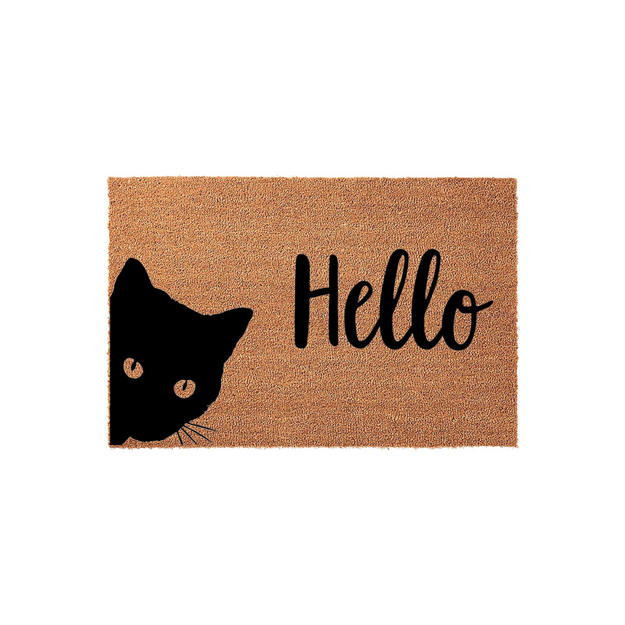 Black Cat Hello Coir Doormat featuring a cute silhouette of a curious black cat peeking from the left side against a natural brown coconut fiber background, with the word Hello written in a stylish black script font on the right