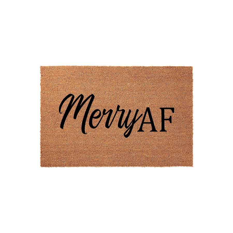 Merry AF Christmas doormat made of natural coir fiber with a textured brown surface, featuring bold black script lettering that adds a humorous and festive touch to your front porch decor during the holiday season.