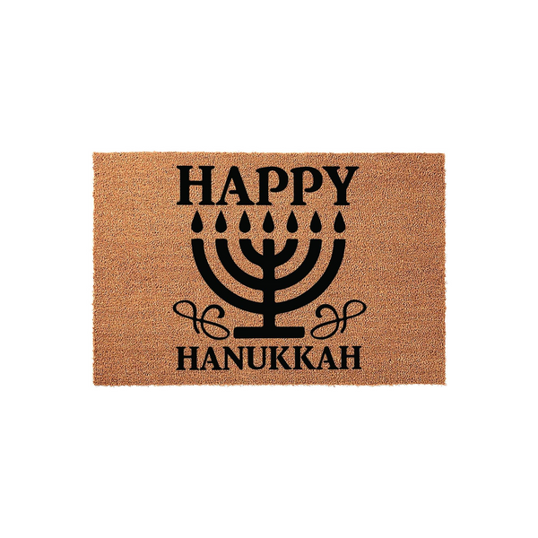 Happy Hanukkah coir doormat featuring a black printed menorah design on a natural tan fiber background, creating a festive entryway decoration for the holiday season that welcomes guests to your home with traditional Jewish style.