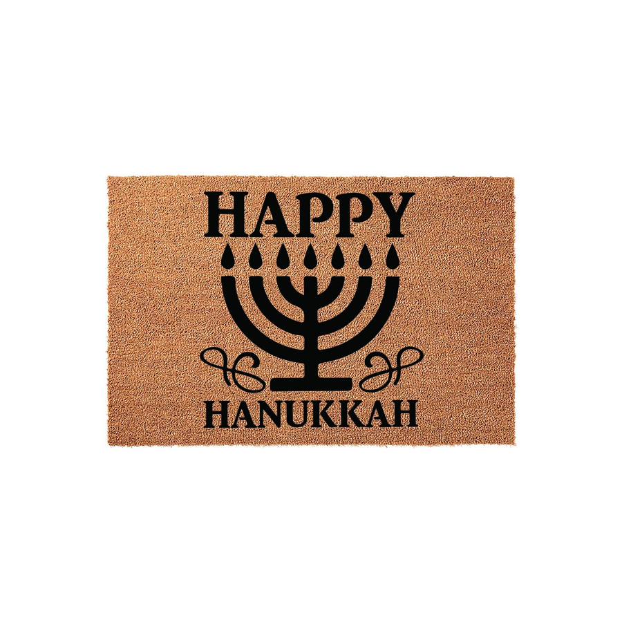 Happy Hanukkah coir doormat featuring a black printed menorah design on a natural tan fiber background, creating a festive entryway decoration for the holiday season that welcomes guests to your home with traditional Jewish style.