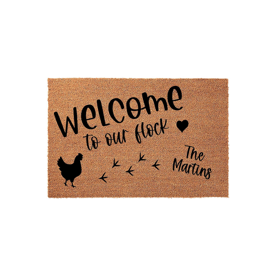 Personalized Chicken Welcome Doormat featuring a rustic coir texture with black text that reads Welcome to our flock, a silhouette of a hen, and a custom family name space on a clean white background for a farmhouse porch entry.