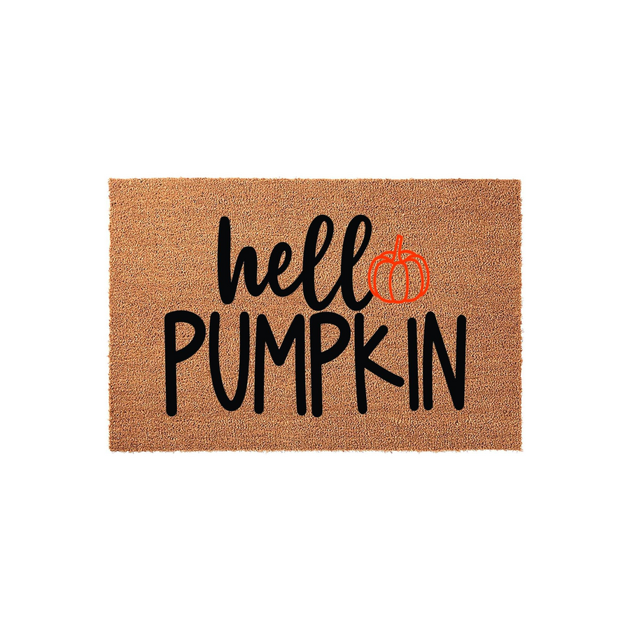 Hello Pumpkin coir doormat featuring a natural brown fiber texture with black lettering and a bright orange pumpkin icon, creating a festive fall entryway decor piece for your front porch during the autumn harvest season.