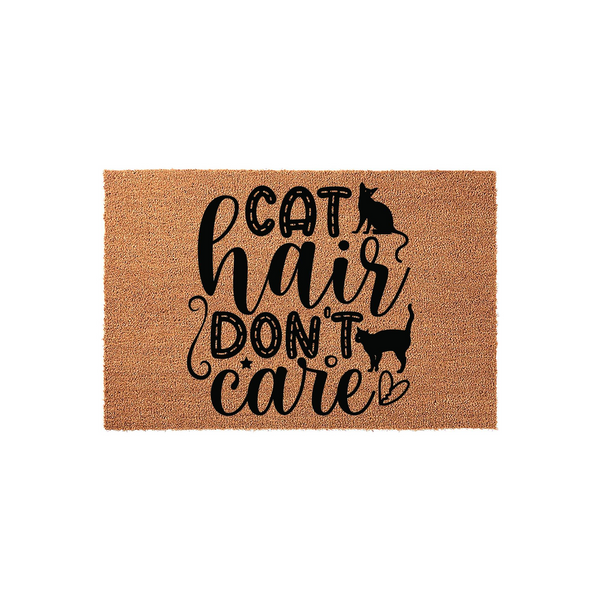 Cat Hair Don't Care coir doormat featuring a natural brown fiber texture with bold black typography and two playful cat silhouettes, making it a fun and durable entryway rug for any cat lover's home decor and front porch entrance.