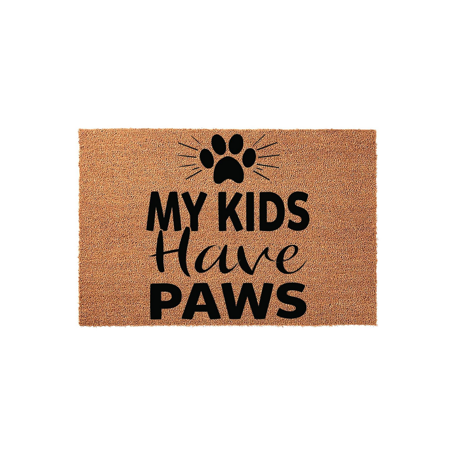 My Kids Have Paws coir doormat featuring a black paw print icon and bold typography on a natural tan fiber background, making a fun and welcoming entrance mat for any pet lover who wants to showcase their furry family members at