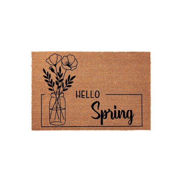 Hello Spring floral doormat featuring a natural coir texture with a black ink design of wildflowers in a mason jar, creating a welcoming seasonal entryway accent for your front porch decor that celebrates the arrival of the